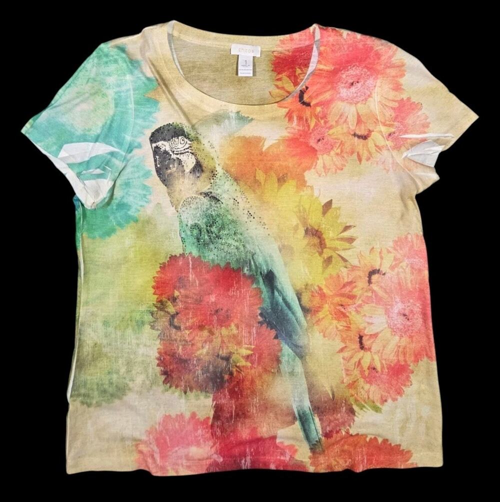Y2K Embellished Tropical Parrot Top Rhinestones Floral Lined Vintage Size 1
